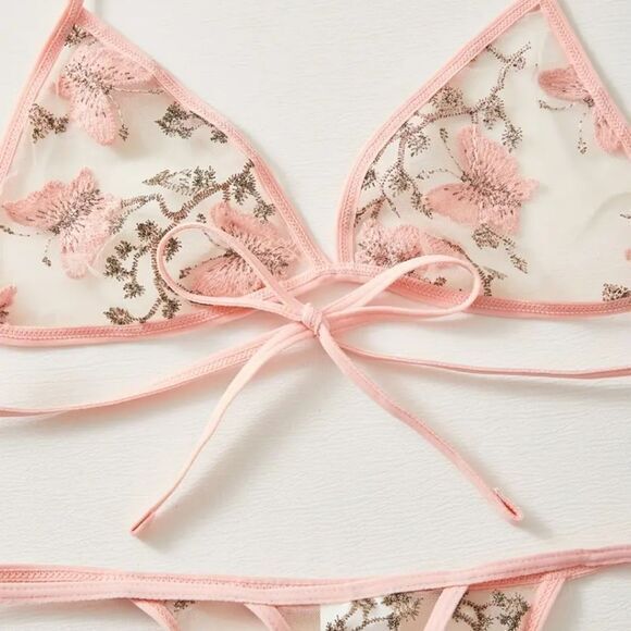 Lingerie Set Butterfly Embroidery Mesh Pink, XL Large‎ - Picture 5 of 7